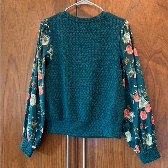 Anthropologie Porridge green textured floral sleeve mixed media sweatshirt-S - Picture 6 of 7